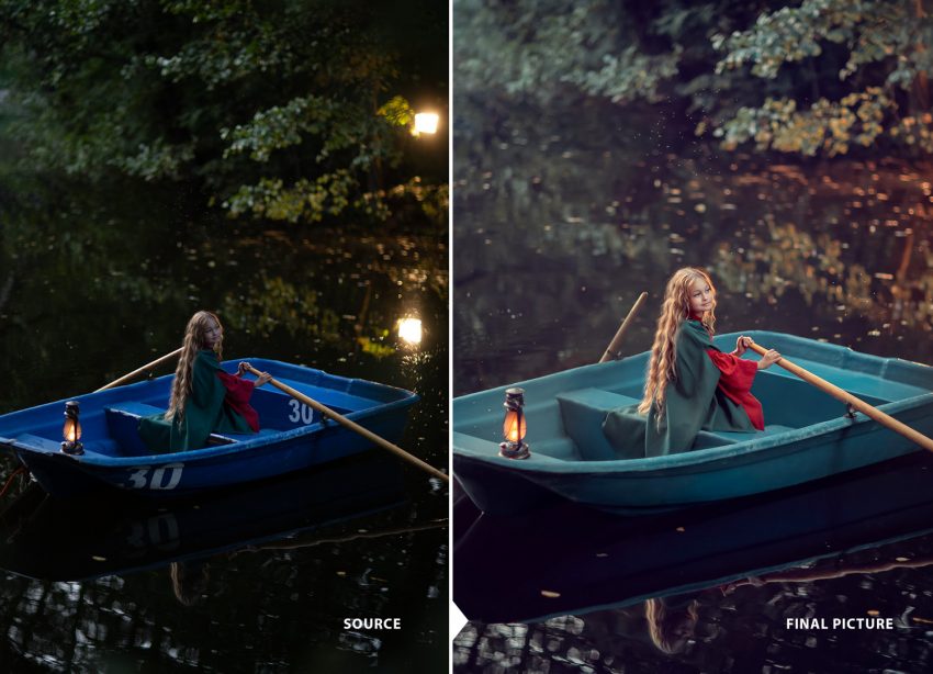 girl in the boat. photography materclass before and after